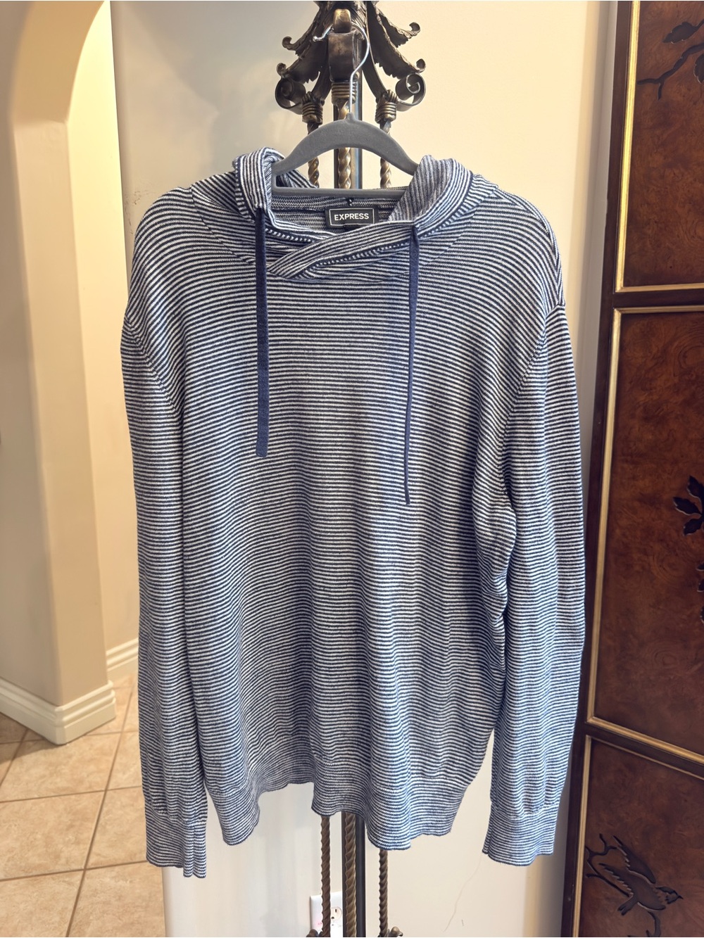 Express Men’s Navy and White Striped Hooded Pullover